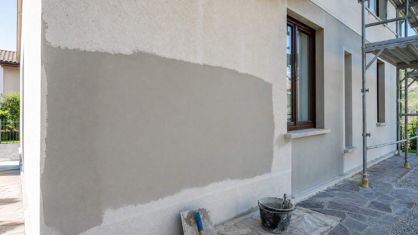 Facciata con intonaco ripristinato e rasatura pronta per la finitura