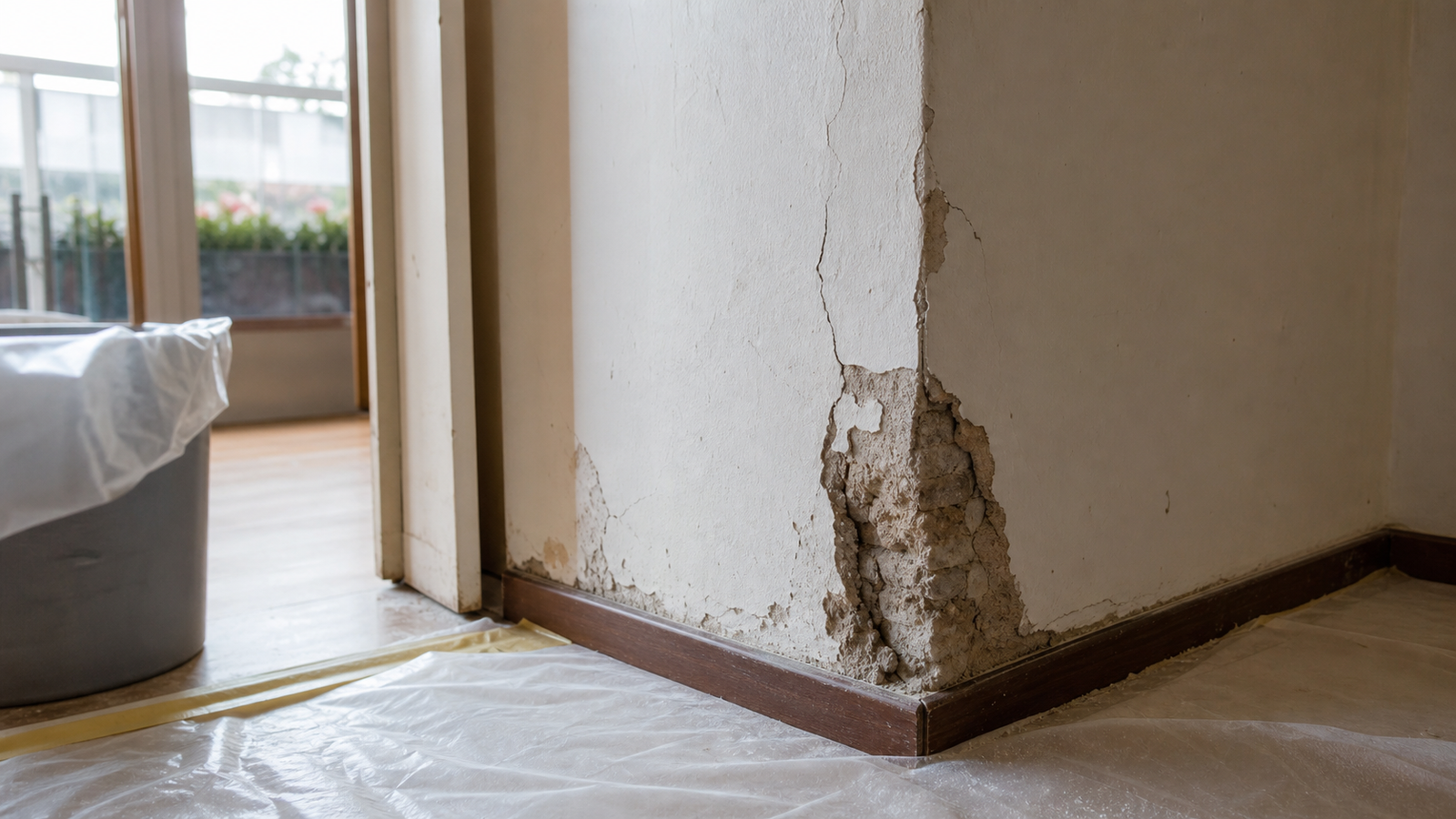 Parete interna rovinata con intonaco distaccato prima della manutenzione edile