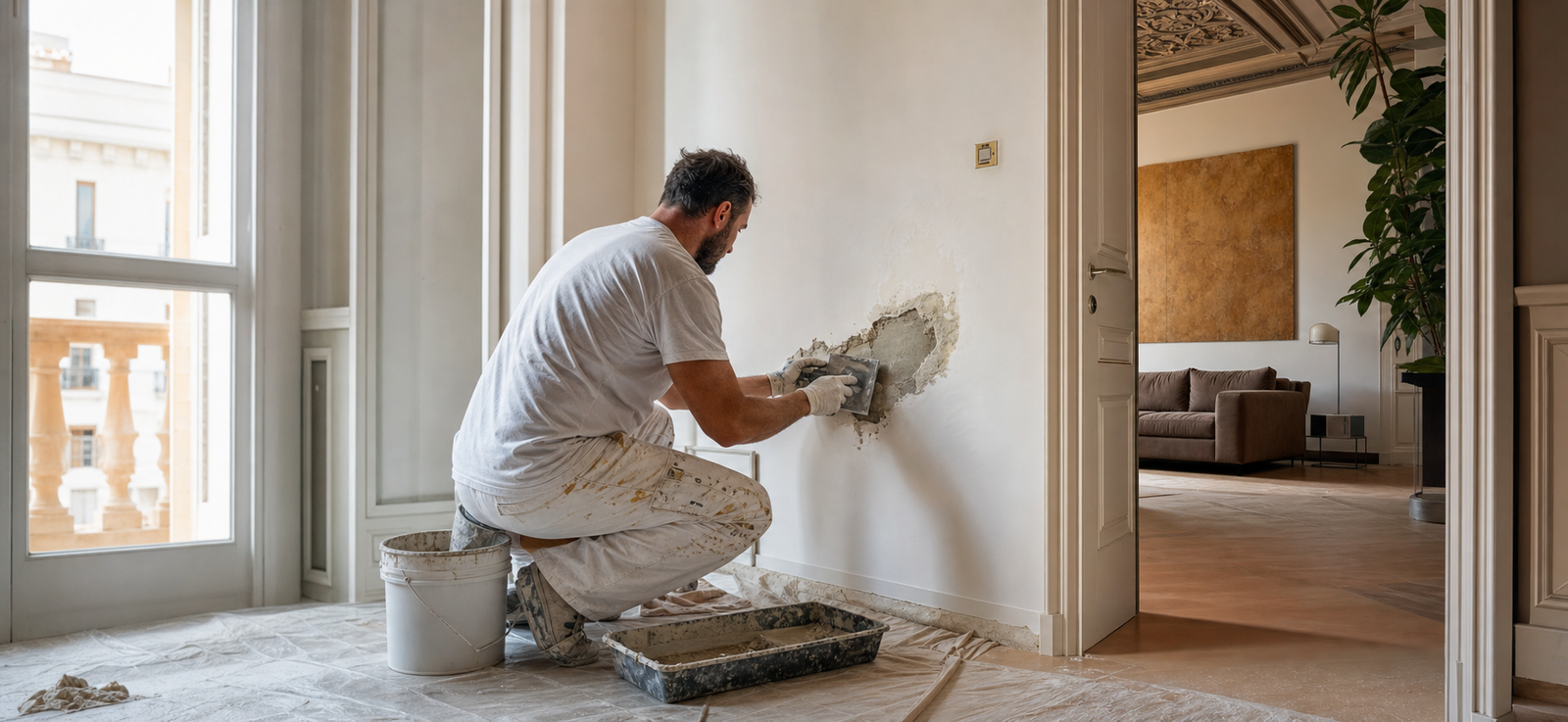 Muratore che esegue una manutenzione edile interna in abitazione privata