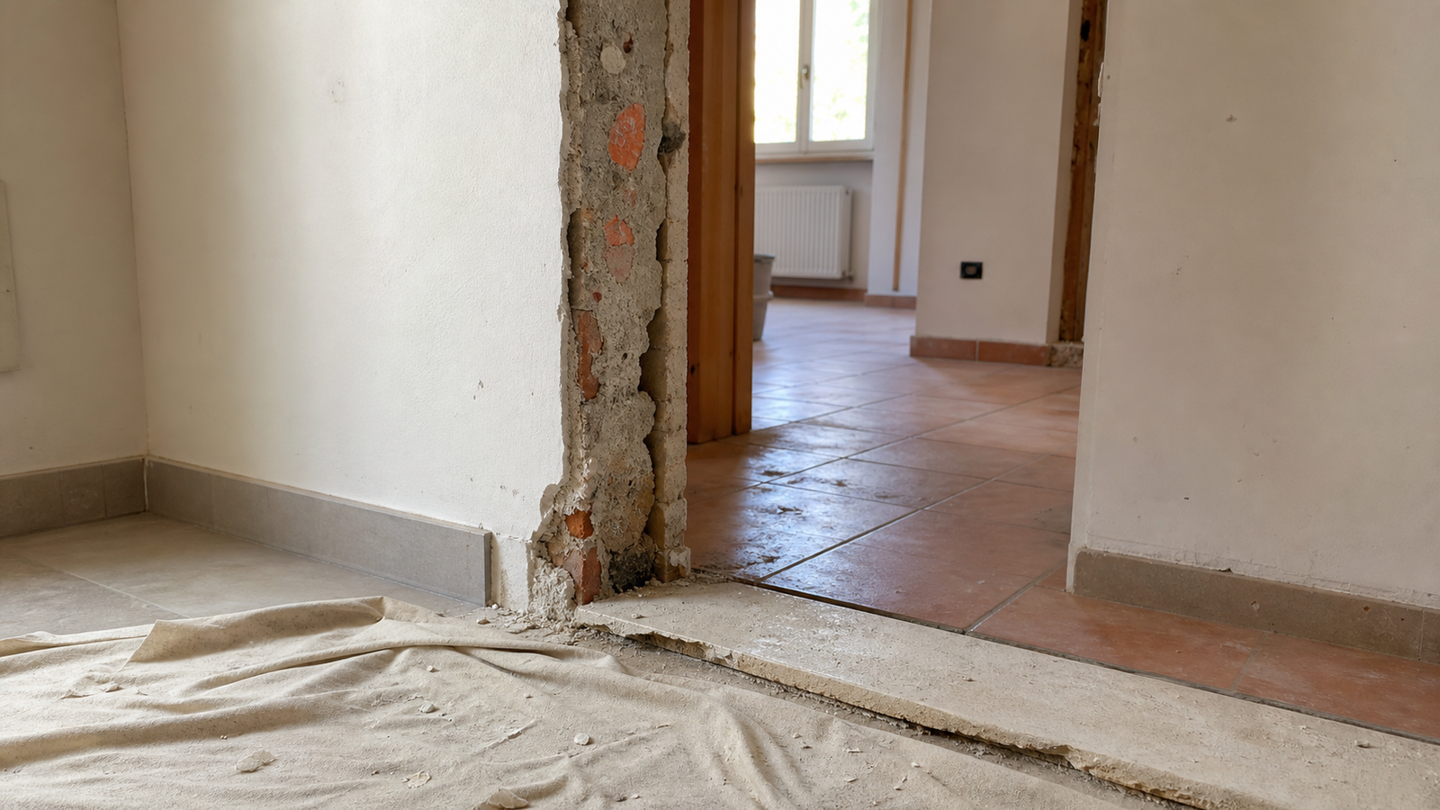 Spalletta interna danneggiata prima di un piccolo lavoro edile