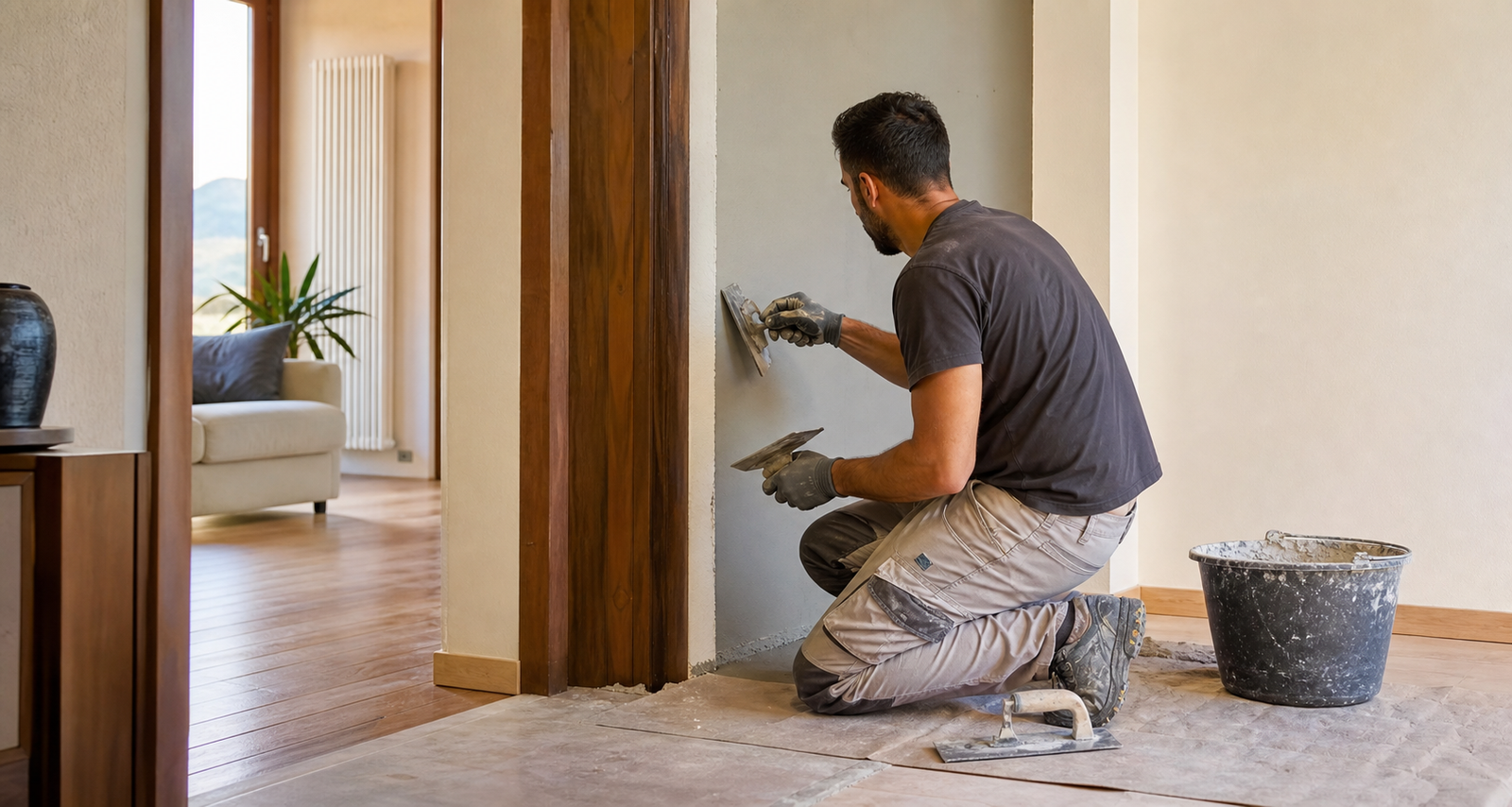 Piccolo lavoro edile su spalletta interna di una casa