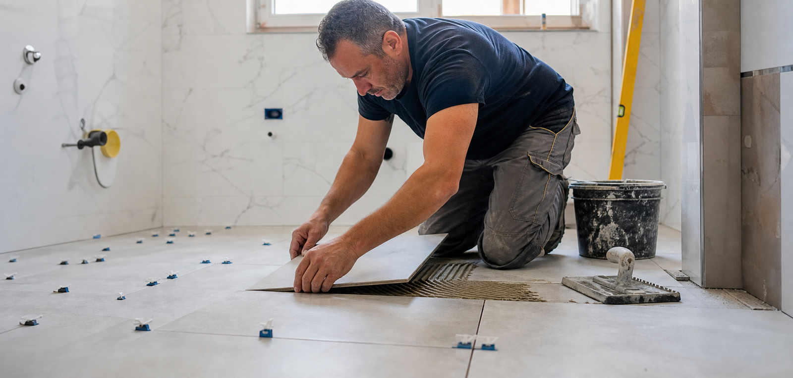 Posa di pavimento in ceramica durante lavori edili domestici